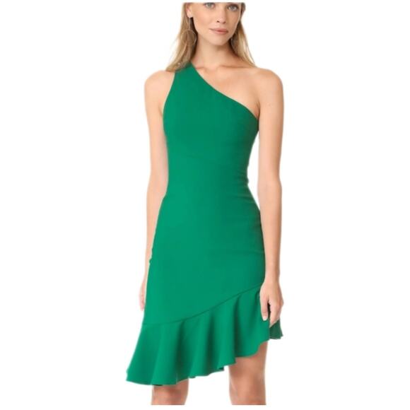 Cinq a Sept Kelly Green One Shoulder Ruffle Hem Mini Sheath Dress - Picture 1 of 7